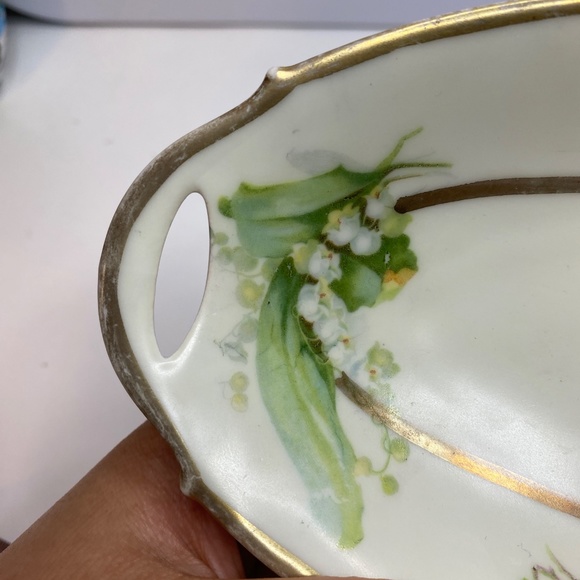 Antique Bavaria GERMANY Oval Relish Dish green Flowers Gold Edge 10" - Picture 4 of 12